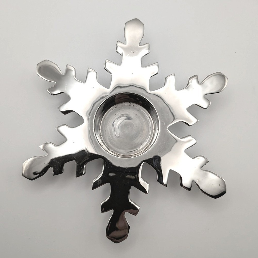 Silver Snowflake Tea Light Candle Holder Polished Metal Winter Holiday Decor
